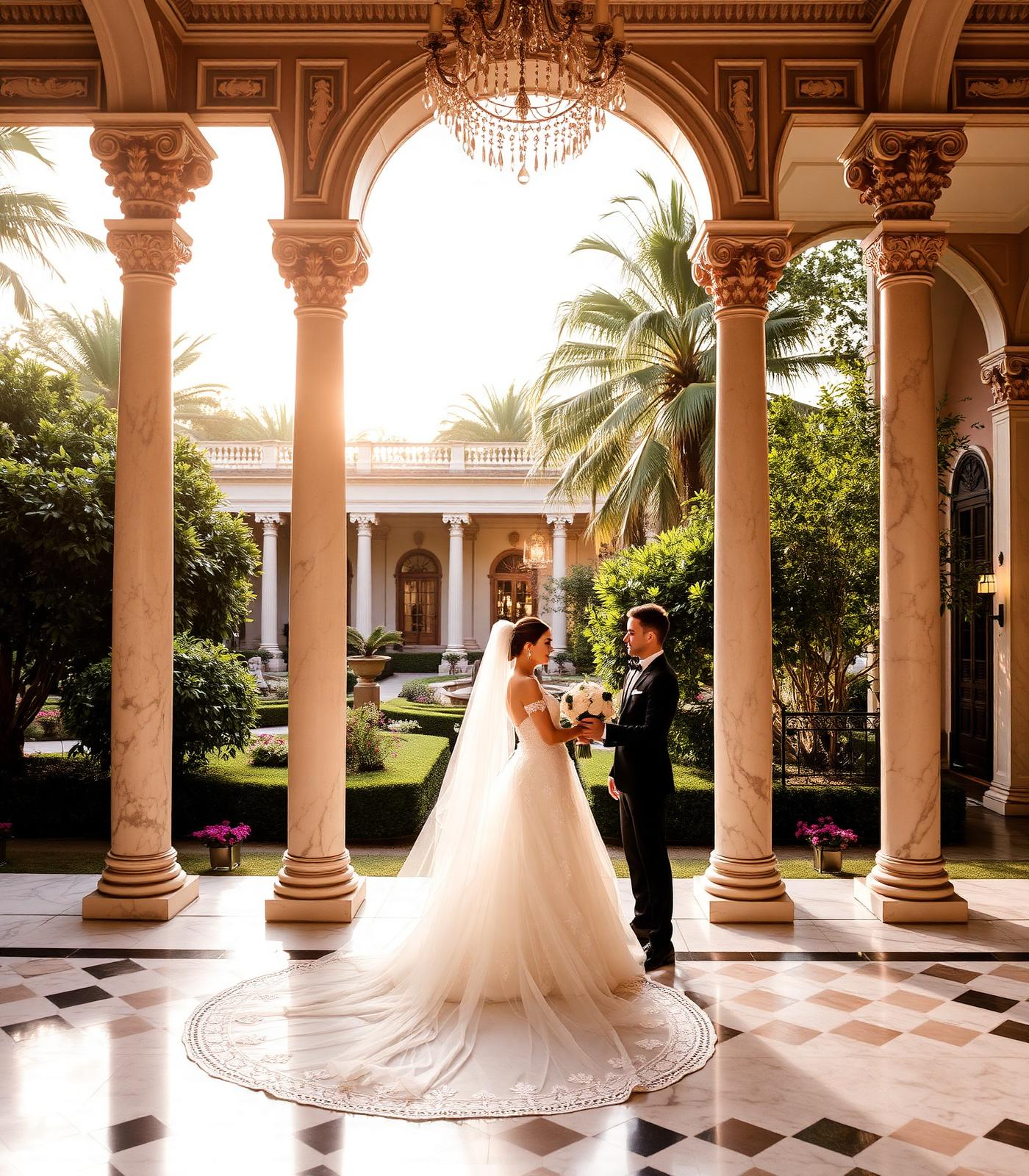 Elegant bride and groom at a palace garden wedding